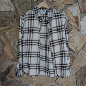 Old Navy Flannel Plaid Button Up Shirt M | Cozy Tan Brown Cotton